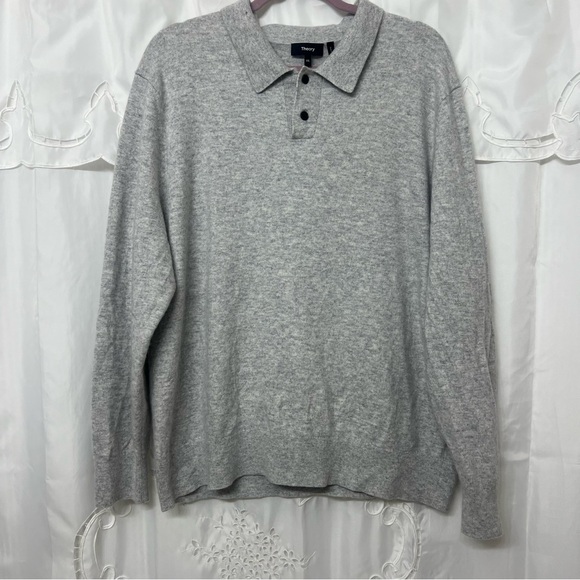 Theory Gray Wool Cashmere Blend Long Sleeve Polo Sweater—Size XXL